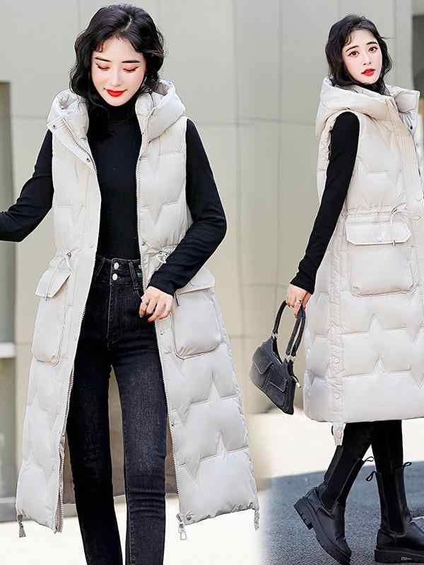ベスト レディース ロング丈 フード付き 厚手 防寒 暖かい 中綿 アウター ジレ チョッキ 羽絨風 ダウン風 ノースリーブ ジャケット コート 体型カバー 細見え スリム 着痩せ カジュアル 無地 シンプル 秋冬
