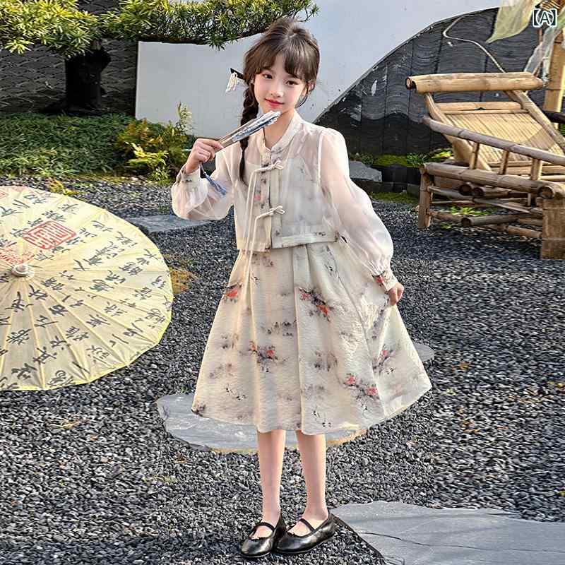 ワンピース 女の子 キッズ チャイナドレス チュニック プルオーバー Aライン フレア 子供服 ジュニア ガールズ 立ち襟 伝統的 刺繍 レトロ 日よけ 普段使い お出かけ サマー 春夏 薄手 軽量 通気性 涼しい かわいい おしゃれ