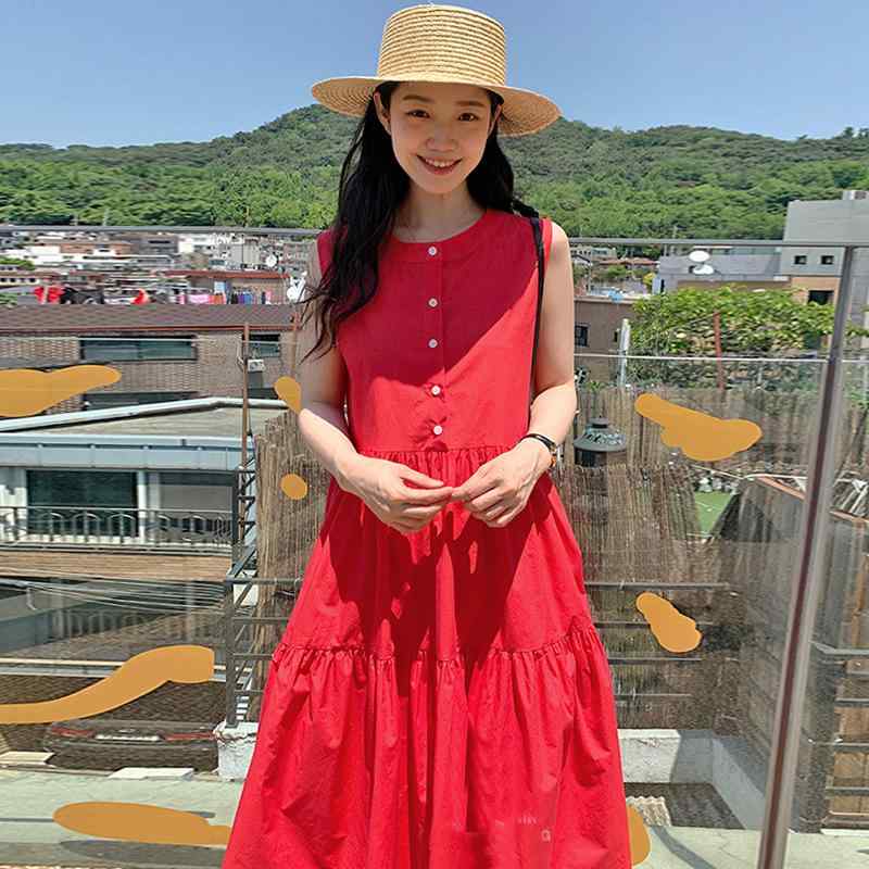 ワンピース レディース 春夏 ノースリーブ マキシ ロング丈 韓国風 フレンチスタイル シンプル 丸首 シングルブレスト 無地 楽ちん ゆったり 体系カバー レイヤード 重ね着 Aライン カジュアル デート 普段使い