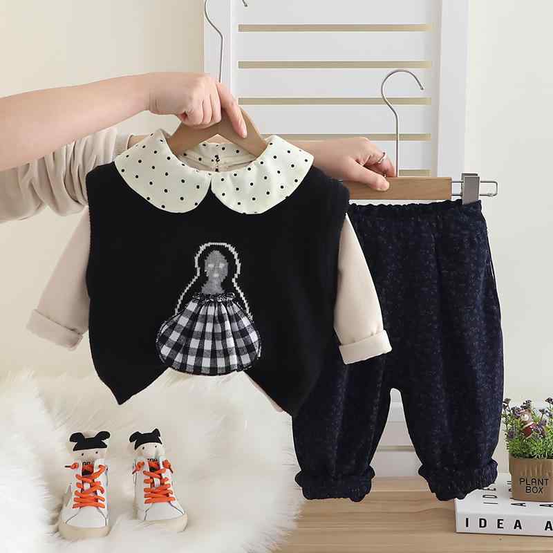 ・性別: 幼児用女の子・スタイル: 韓国風・セット内容: パンツスーツ、3点セット（服）・対象年齢: 乳幼児（1~3歳、身長80~100cm）・袖丈: 長袖・フード: なし・パンツ丈: 長ズボン・生地加工: 柔軟加工・厚さ: 普通・柄: キャラクター・デザイン要素: セットアップ、キャラクター、キュート・主な素材: 綿80%・安全基準: Aクラス・留め具の種類: シングルブレスト・カラー展開: ブラック・対応身長: 80cm、90cm、100cm、110cm、120cm・カテゴリ: 子供用セットアップ
