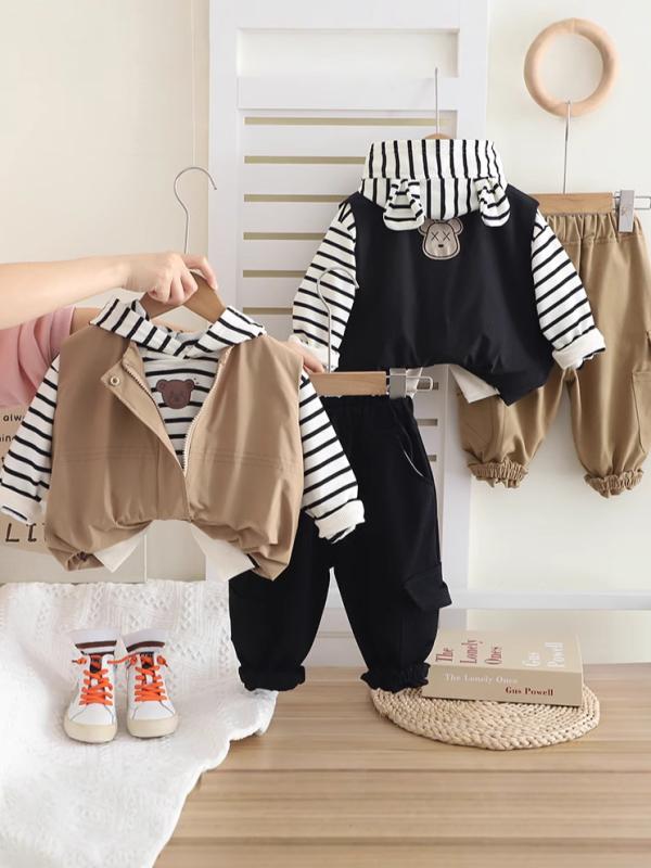 ベスト 男の子 女の子 キッズ 子供服 アウター セットアップ スリーピース 上下セット フード付き パーカー 長袖 ボーダー カジュアル スウェット パンツ スポーティー 通学 通園 デイリー 秋冬
