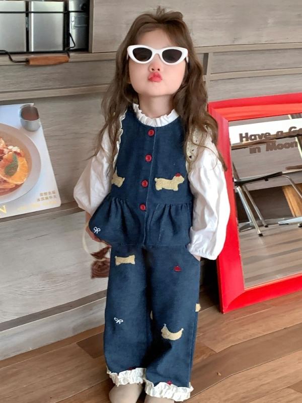 セットアップ キッズ 女の子 デニム シャツ ベスト 長袖 ジーンズ 長ズボン 上下セット 三件套 スリーピース 子供服 ベビー服 春秋 カジュアル デニムパンツ ブラウス ジーパン アウター 襟付き トップス ボトムス ブルー