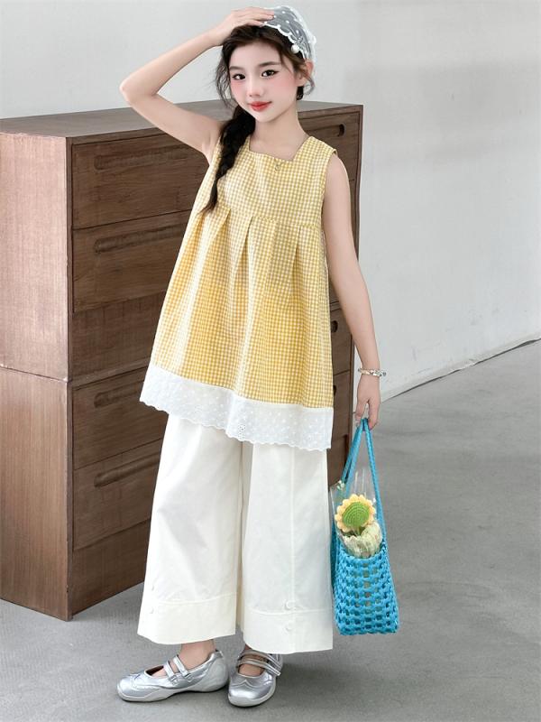 セットアップ 女の子 キッズ ジュニア 子供服 半袖 格子柄 チェック キャミソール トップス ワイドパンツ ガウチョパンツ ロングパンツ 長ズボン 2点セット 上下セット かわいい スウィート ガールズ カジュアル 夏