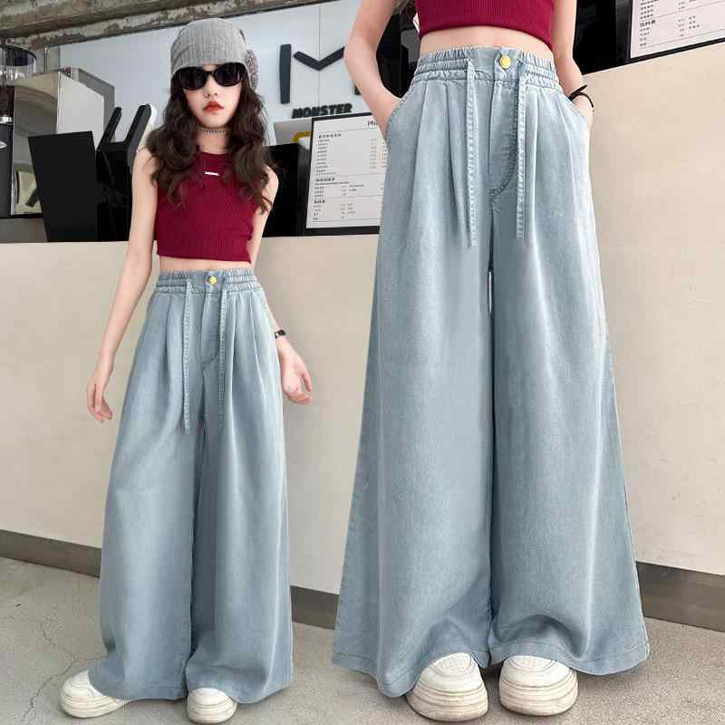 キッズ パンツ 女の子 デニムパンツ ロングパンツ テンセル ジーンズ ジーパン ボトムス 薄手 軽い 涼しい ワイドパンツ ウエストゴム ジュニア 子供服 子ども服 春 夏 通園 通学 普段使い お出かけ 100 110 120 130 140 150
