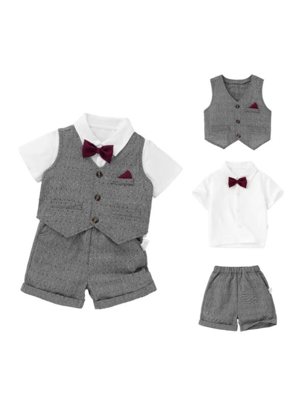 ・カテゴリ: 子供服セット・性別: メンズ・スタイル: 英国風・セット内容: トップス、ボトムス、アクセサリーの3点セット・対象年齢: ベビー、キッズ（1〜3歳、身長80〜100cm）・袖丈: 半袖・パンツ丈: ショートパンツ・厚さ: 薄手・主な素材: 綿混紡・素材割合: 綿60%・安全基準: A類・着用方式: プルオーバー・カラー: 短袖3点セット（フォーマル）・サイズ展開: 73cm、80cm、90cm、100cm、110cm
