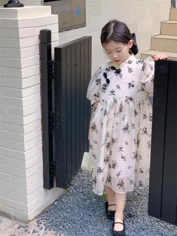 子供 ワンピース 女の子 キッズドレス チャイナドレス風 ノースリーブ メッシュ レース 花柄 透け感 フリル 夏 お出かけ 通園 普段使い 旅行 涼しい かわいい 10代 20代