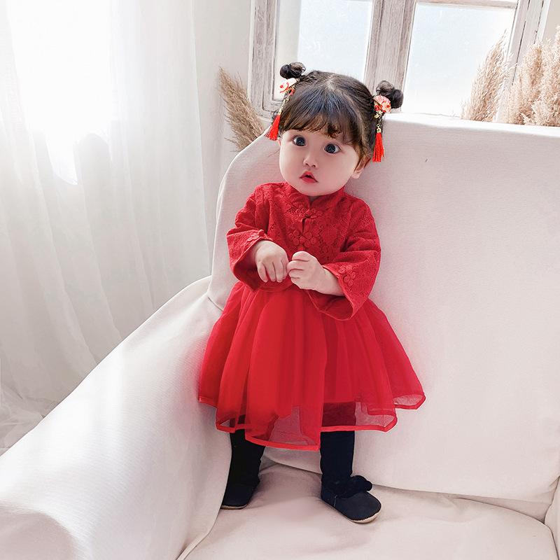 ・スタイル: 韓国風・素材: ポリエステル100%・裏地素材: 綿100%・カテゴリ: ワンピース、子供用ドレス・安全基準: Aクラス・対象性別: 女の子・対象年齢: 1〜3歳（身長80〜100cm）・柄: 無地・袖丈: 長袖・デザイン: プリンセスドレス、レース・カラー展開: レッド・サイズ展開: 73cm、80cm、90cm、100cm、110cm