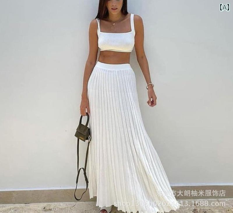 ・柄: 無地・加工: 形態安定・素材: コアヤーン・スカートの形: プリーツスカート・スカート丈: ロング丈・デザイン要素: クロップド・カラー展開: ホワイト、ブラック・サイズ展開: S、M、L・スタイル: ストリート系、欧米風、セクシー系・伸縮性: ややあり