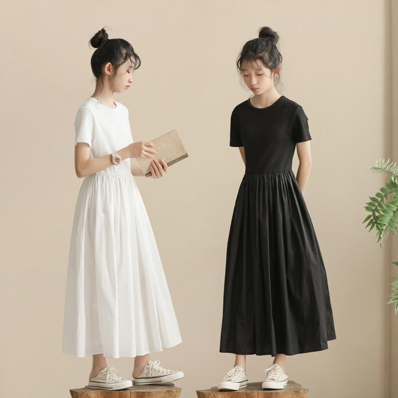 ・スタイル: シンプル・素材: 綿95%・カテゴリ: ワンピース・安全基準: B類・性別: キッズ（女の子）・対象年齢: 中大童（8歳以上、140cm以上）・柄: 無地・加工: 柔軟加工・デザイン: ベーシック、フリル裾・テイスト: 欧米風・カラー展開: ホワイト（裏地あり）、ブラック・対応身長: 130cm、140cm、150cm、160cm、165cm-170cm