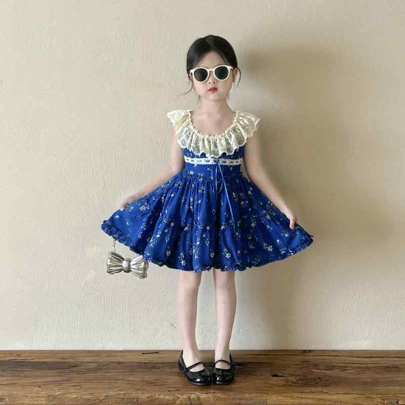 子供 ワンピース 女の子 キッズ 半袖 夏 クラインブルー 花柄 レース バックシャン ティアード Aライン プリンセス ドレス リゾート お出かけ かわいい 100 110 120 130 140 150