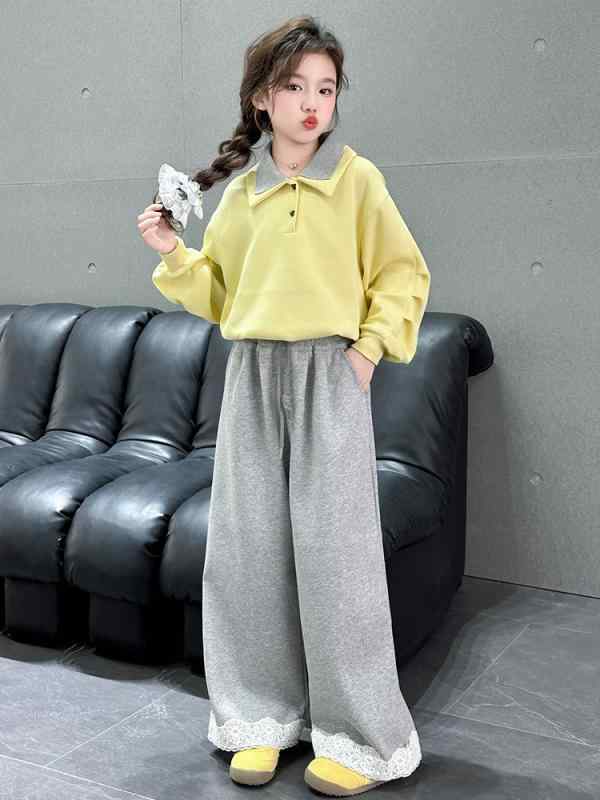 子供服 セットアップ 女の子 キッズ トレーナー 長袖 スウェットパンツ ワイドパンツ ボトムス ポロカラー プルオーバー 2点セット 上下セット トップス カジュアル 通学 お出かけ かわいい 春 秋