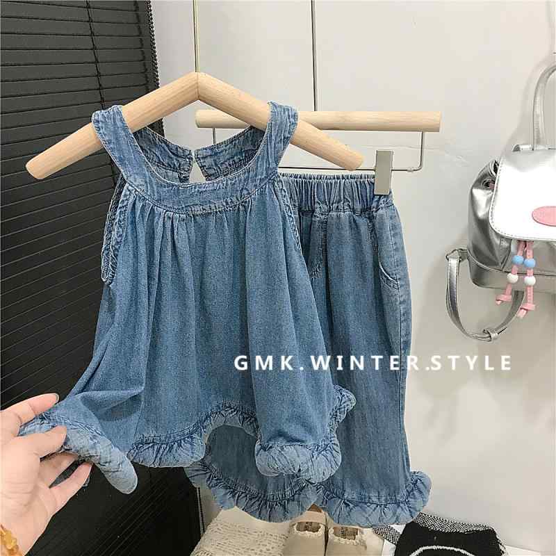 子供服 女の子 キッズ セットアップ 半袖 デニム ノースリーブ キャミソール ワイドパンツ ホルターネック フリル ゆったり かわいい カジュアル 夏物 旅行 お出かけ 通園 普段使い 10代