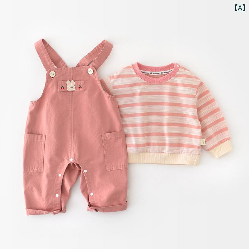 ・カテゴリ: キッズセットアップ・対象性別: 女の子・スタイル: 韓国風・セット内容: トップス、パンツの2点セット・対象年齢: 1〜3歳（身長80〜100cm）・袖丈: 長袖・パンツ丈: 長ズボン・生地加工: 柔軟加工・生地の厚さ: 普通・柄: ボーダー、キャラクター・素材: ポリエステル70%混紡・安全基準: A類・留め具の種類: シングルブレスト・カラー展開: ピンクボーダーうさぎセット・サイズ展開: 73cm、80cm、90cm、100cm
