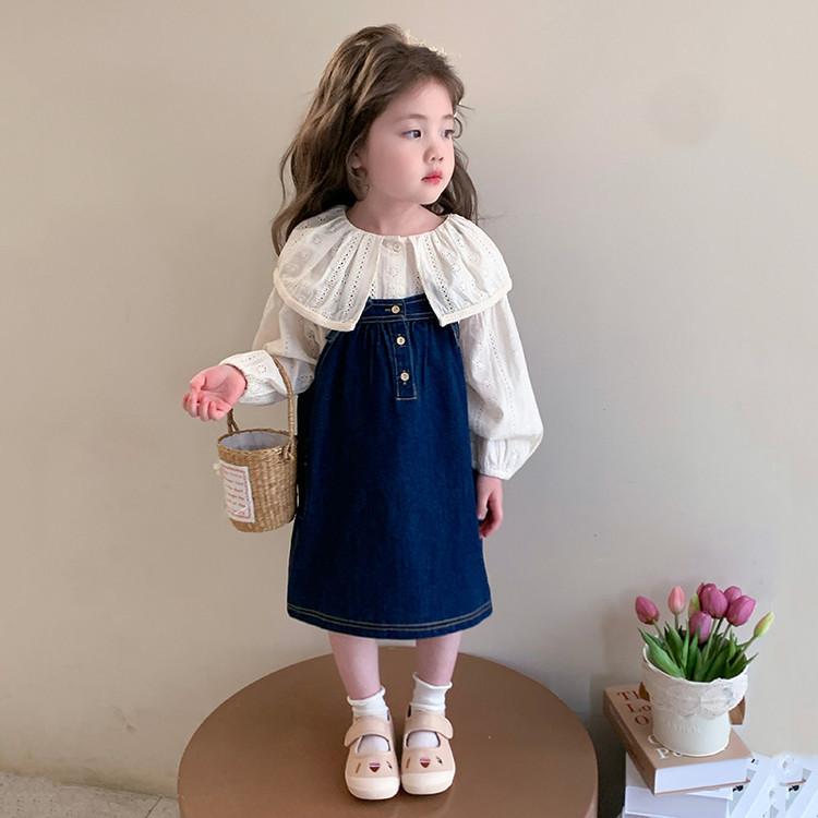 子供服 女の子 セットアップ デニム サロペットスカート 丸襟シャツ デニムワンピース 2点セット キッズ ジュニア 長袖 かわいい 通園 通学 お出かけ 春 秋 春物