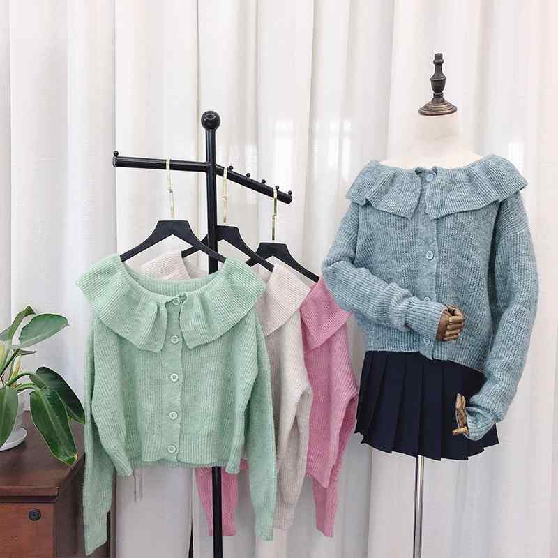 カーディガン ニット レディース 春 秋 ゆったり フリル 襟付き シングルブレスト 長袖 トップス かわいい スウィート アウター カジュアル 通学 お出かけ 普段使い 学生 20代 ベージュ イエロー ピンク