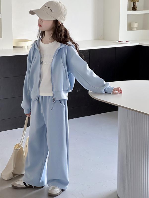 キッズ セットアップ 女の子 ジュニア 長袖 パーカー ジップアップ ワイドパンツ 2点セット 子供服 ジャージ 上下セット フード付き ウエストゴム 運動着 通学 普段使い 旅行 秋物 冬 カジュアル 10代