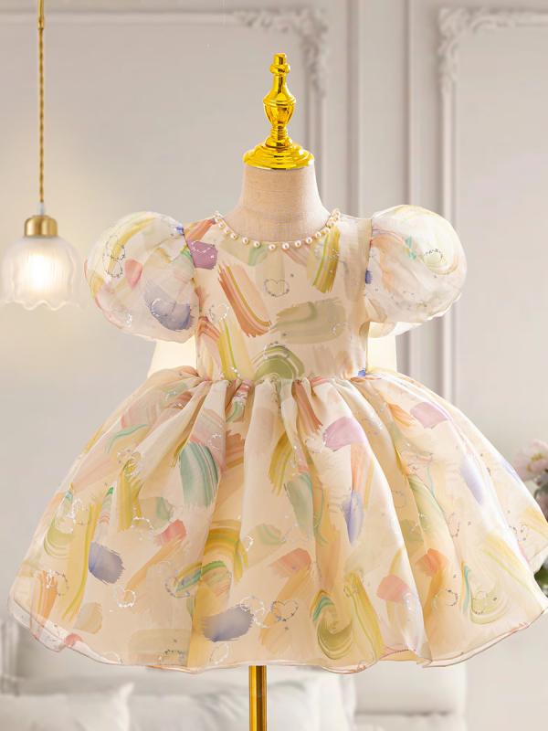 ワンピース 女の子 キッズ 半袖 1歳 周歳 誕生日ドレス パフスリーブ お祝い パーティー 夏 ベビー 子供 プリンセス お出かけ レース リボン かわいい おしゃれ 結婚式 発表会 ホワイト