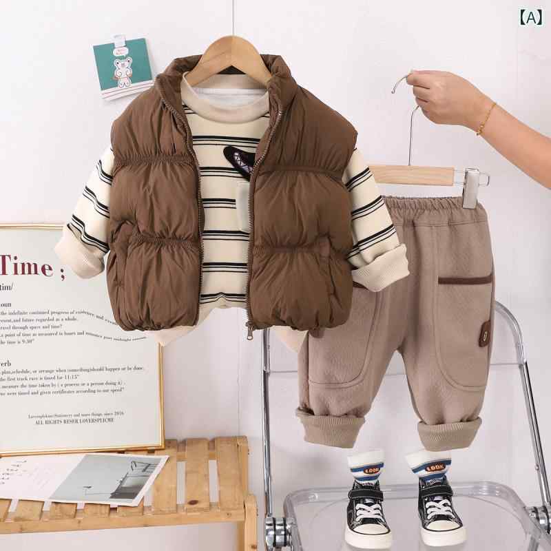 ・カテゴリ: 子供服セット・対象性別: 男性・スタイル: カジュアル・セット内容: パンツセット、3点セット・適合年齢: 乳幼児（1～3歳、80～100cm）・袖丈: 長袖・パンツ丈: ロングパンツ・生地加工: 柔軟処理・厚さ: 普通・主な素材: ポリエステル80%・安全基準: B類・留め具の種類: ファスナー・カラー展開: カーキ（ストライプワニ裏起毛3点セット）、ブラック（ストライプワニ裏起毛3点セット）・サイズ展開: 80cm、90cm、100cm、110cm、120cm、130cm