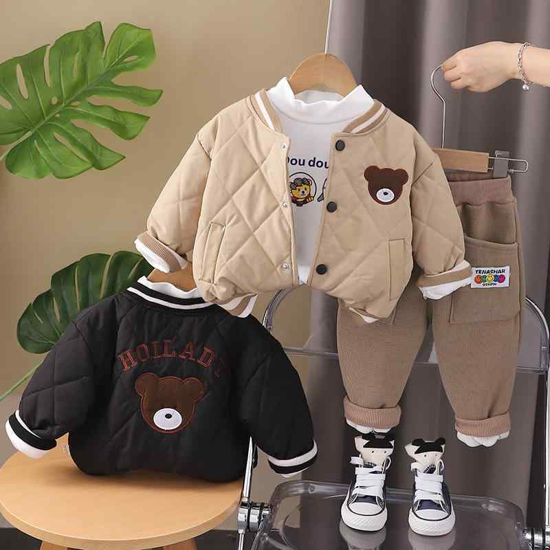 キッズ ベビー セットアップ 男の子 女の子 長袖 トップス アウター ボトムス 3点セット 子供服 冬物 防寒 厚手 裏起毛 中綿 ジャケット フード付き カートゥーン かわいい 通園 通学 お出かけ 80 90 100 110