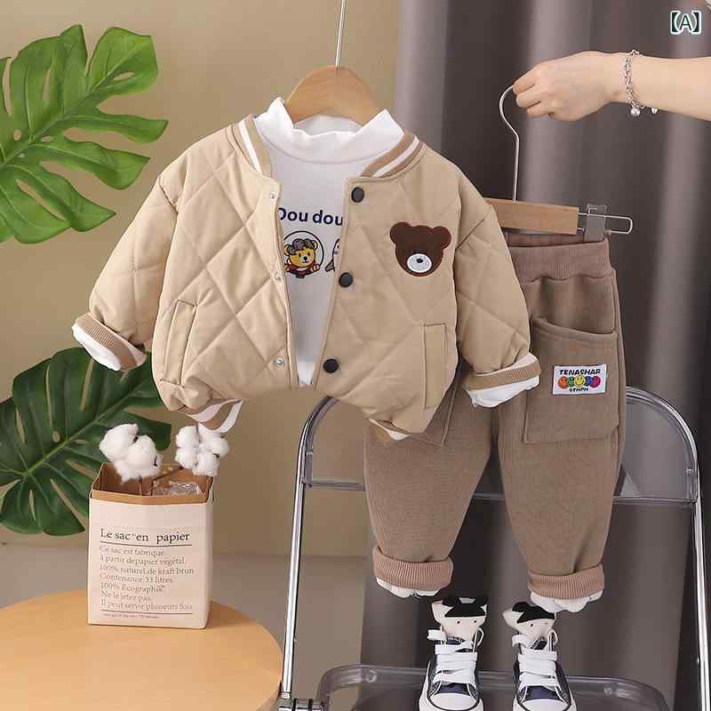 GRATIQUE MIEIのキッズ ベビー セットアップ 男の子 女の子 長袖 トップス アウター ボトムス 3点セット 子供服 冬物 防寒 厚手 裏起毛 中綿 ジャケット フード付き カートゥーン かわいい 通園 通学 お出かけ 80 90 100 110｜アングル2