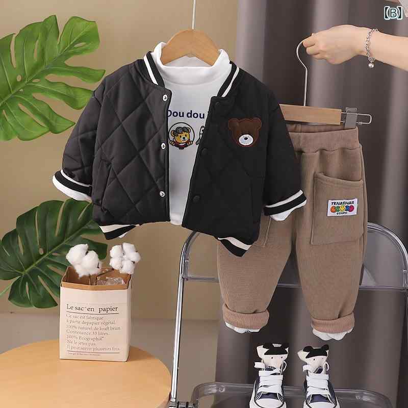 GRATIQUE MIEIのキッズ ベビー セットアップ 男の子 女の子 長袖 トップス アウター ボトムス 3点セット 子供服 冬物 防寒 厚手 裏起毛 中綿 ジャケット フード付き カートゥーン かわいい 通園 通学 お出かけ 80 90 100 110｜アングル3