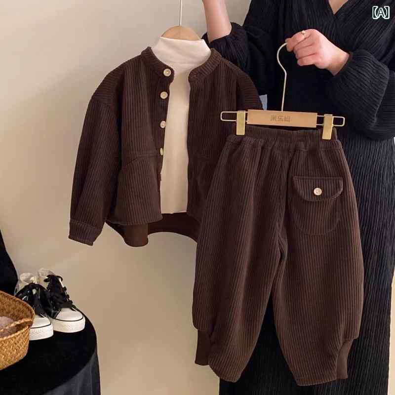 ・カテゴリ: キッズセットアップ・スタイル: 韓国風・セット内容: パンツセット（2点セット）・対象性別: 男女兼用・対象年齢: 中小童（3～8歳、100～140cm）・袖丈: 長袖・フード: フードなし・パンツ丈: 長ズボン・厚さ: 極厚・柄: 無地、キャラクター・主な素材: ポリエステル（コーデュロイ）・主素材の含有量: 70%・安全基準: B類・カラー: 写真通り・サイズ展開: 90、100、110、120、130、140、150