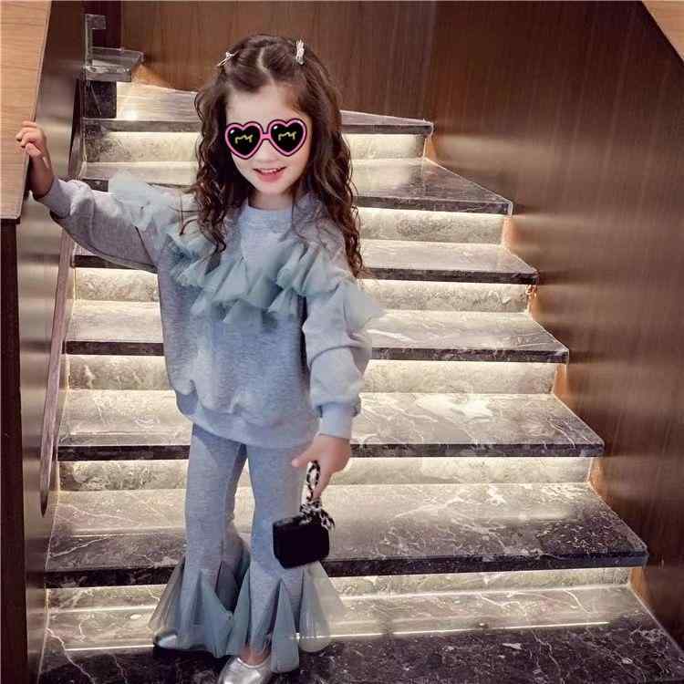 子供服 セットアップ 女の子 キッズ チュール切り替え スウェットパンツ 2点セット 長袖 トレーナー フレアパンツ ラッパズボン 通園 通学 お出かけ かわいい カジュアル 秋物 ジュニア 100 110 120 130 140 150