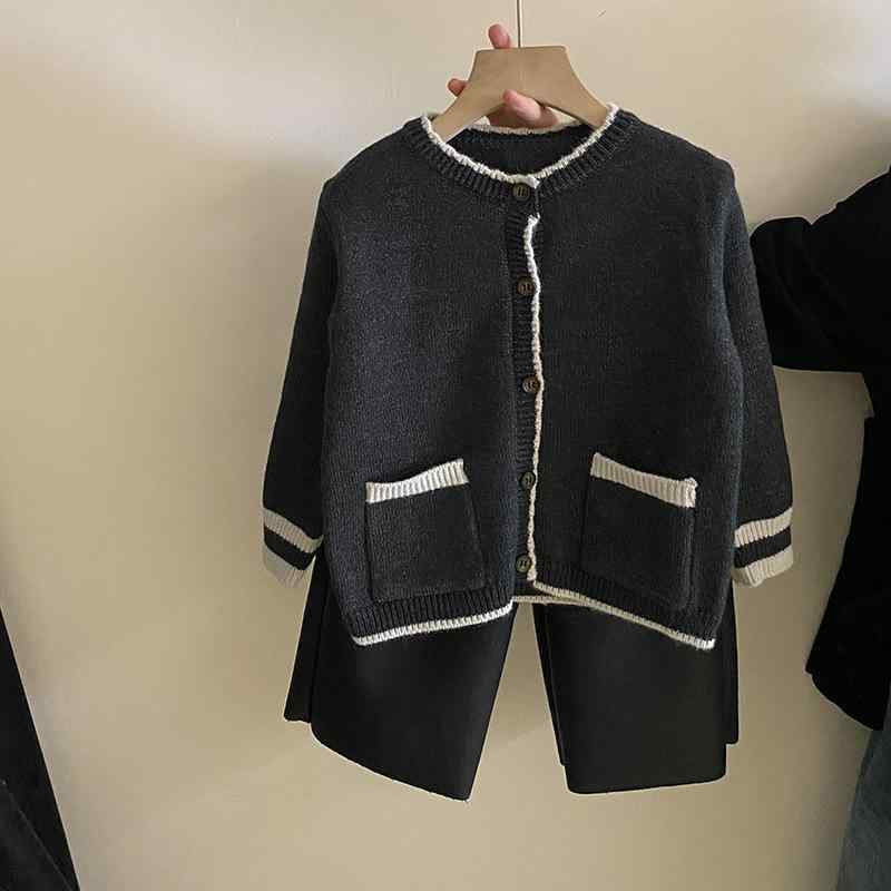 子供服 ニット カーディガン レザーパンツ セットアップ 女の子 キッズ ジュニア トップス ボトムス 裏起毛 長袖 防寒 保暖 秋冬 通学 お出かけ かわいい 配色 おしゃれ 100 110 120 130 140