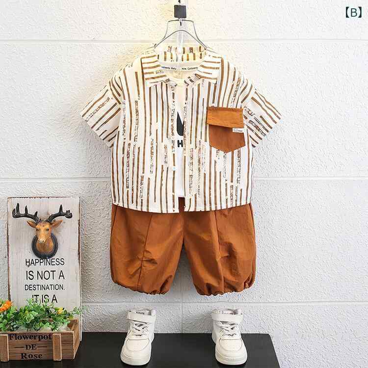 GRATIQUE MIEIの子供服 セットアップ 男の子 キッズ ボーイズ ベビー シャツ 半袖 ストライプ 3点セット パンツ ズボン 上下セット カジュアル コットン お出かけ 通園 普段使い 夏 おしゃれ かわいい 80 90 100｜アングル2