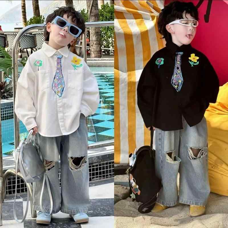 キッズ セットアップ 男の子 春 長袖 派手 カラフル プリント シャツ ダメージ デニム パンツ ジーパン 上下セット 子供服 ジュニア 通学 普段使い お出かけ おしゃれ 10代