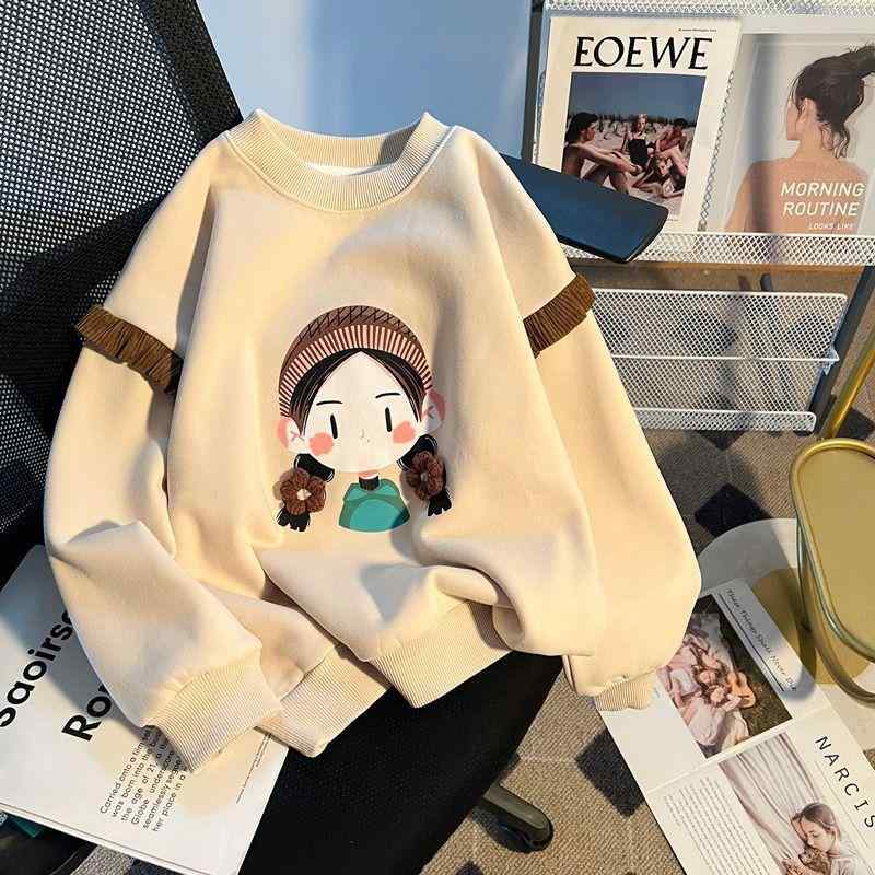 ・カテゴリ: キッズTシャツ・対象性別: 女性・スタイル: 韓国風・フード: なし・袖丈: 長袖・対象年齢: 乳幼児・児童（1歳〜3歳、80〜100cm）、中大童（8歳以上、140cm以上）、中小童（3歳〜8歳、100〜140cm）・生地加工: 柔軟加工・柄: キャラクター・要素: スポーツ、キャラクター・安全基準: B類・ネックライン: クルーネック・カラー展開: アプリコット（春秋モデル）、アプリコット（裏起毛モデル）・サイズ展開: 120、130、140、150、160、170