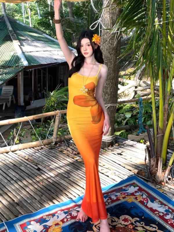 ・カテゴリ: 连衣裙・スタイル: 通勤風、気質エレガント、気質通勤・素材: ポリエステル70%-80%（主面料）、シフォン・デザイン: フィッシュテール、シングルピース・スカート丈: ロング丈・ネックライン: POLO襟・袖丈: 7分袖・袖型: パフスリーブ・カラー展開: 画像色・サイズ展開: S、M、L