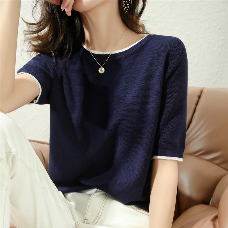 サマーニット Tシャツ レディース 半袖 丸首 ゆったり プルオーバー 無地 ネイビー 春 夏 10代 トップス カジュアル 普段使い お出かけ