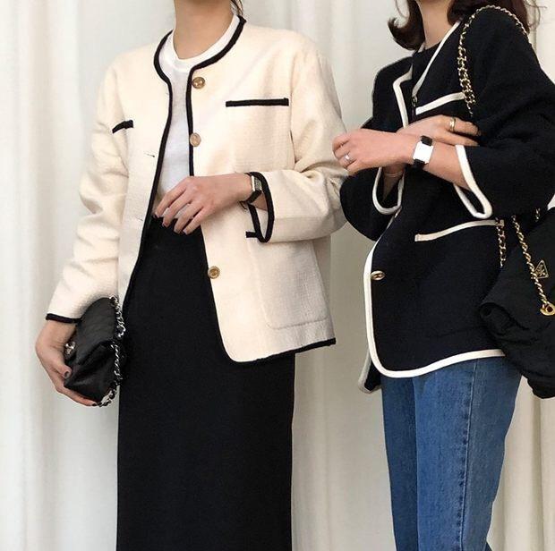 ノーカラージャケット レディース アウター 長袖 ツイード フリンジ 配色 ポケット ボタン 羽織り 上品 きれいめ カジュアル オフィス 通勤 お出かけ デート 体型カバー 春 秋 冬 大人 30代