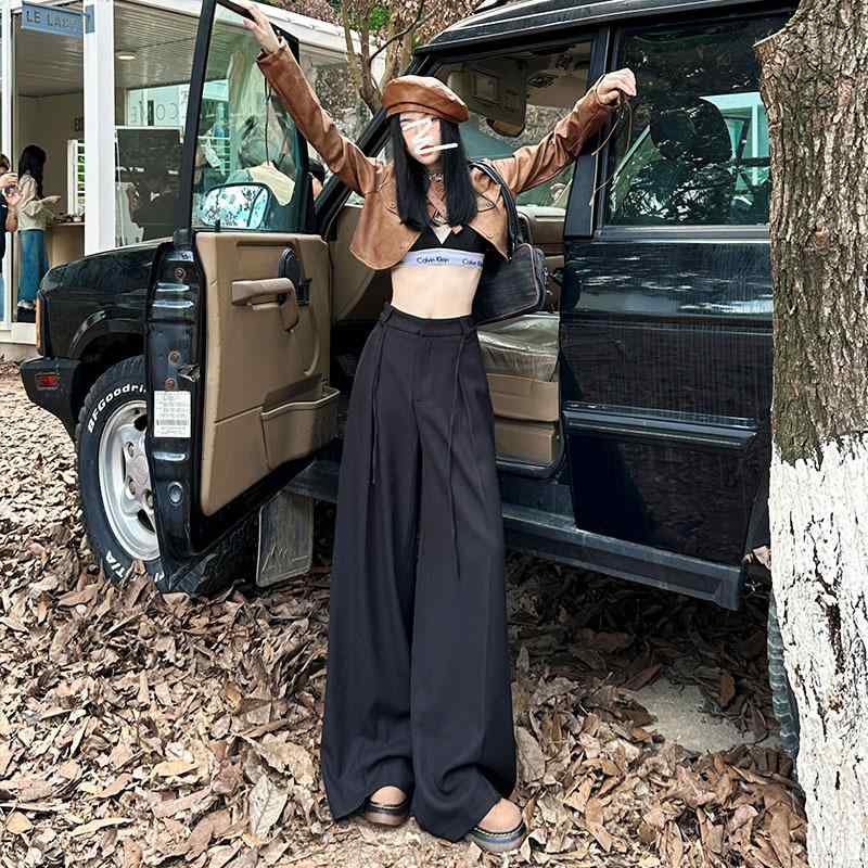 ワイドパンツ レディース 秋冬 高腰 紐付き ワイドレッグパンツ スラックス センタープレス 落ち感 ゆったり 体型カバー 着痩せ 撥水 防汚 暖かい オフィス カジュアル 通勤 通学 お出かけ ブラック グレー
