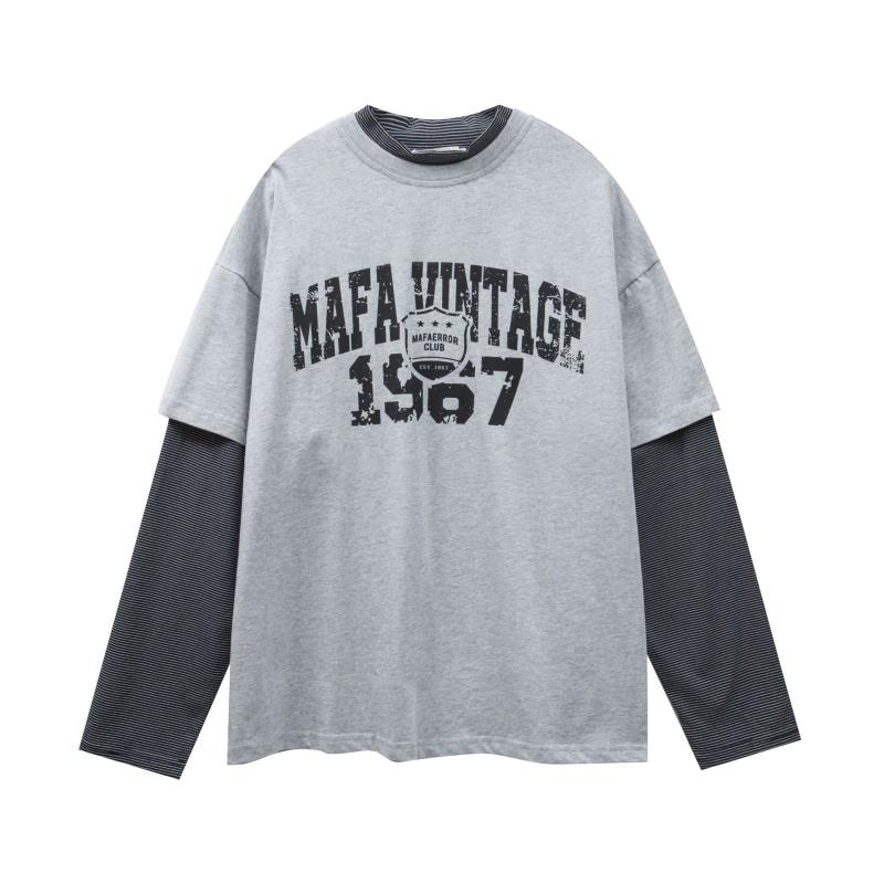・カテゴリ: Tシャツ・スタイル: アメリカンレトロ・主な素材: 綿100%・柄: アルファベット、ジオメトリック・シルエット: ルーズ・タイプ: プルオーバー・ネックライン: クルーネック・袖丈: 長袖・フード: なし（フードなし）・生地の厚さ: 普通・着用対象: ティーンエイジャー、メンズ・着用シーン: 日常・デザイン詳細: プリント、パッチワーク・ステッチング・カラー展開: グレー、ダークブルー・サイズ展開: M、L、XL・袖型: ドロップショルダー・重量: 180g～250g未満・機能性: 通気性、吸湿速乾