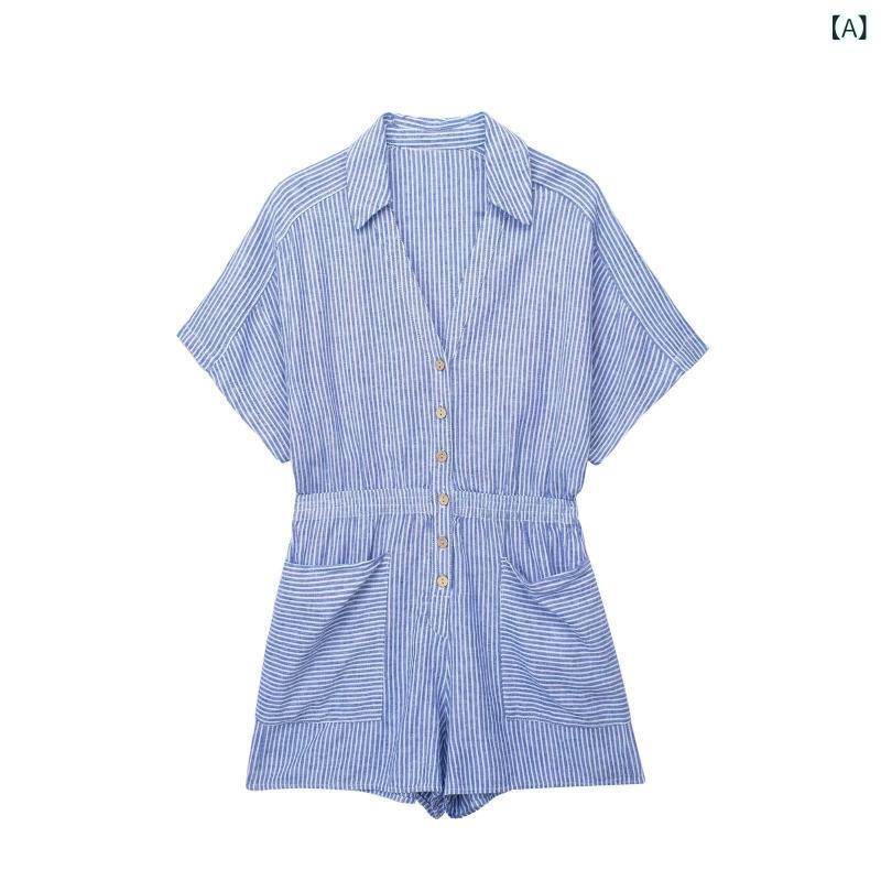 オールインワン サロペット レディース 女性 ロンパース 半袖 ストライプ ゆったり 体型カバー カジュアル リゾート ビーチ 旅行 デート 大人 ママ 10代 20代 30代 春 夏 つなぎ ショートパンツ putera-10572119 GRATIQUE MIEI サンプル画像2
