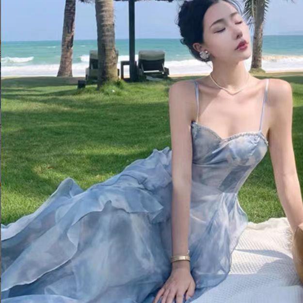 ワンピース レディース キャミワンピ ロング マキシ丈 ノースリーブ バックオープン 夏 海 ビーチ リゾート 旅行 デート サマードレス ブルー 青 フリーサイズ かわいい おしゃれ ゆったり 20代 30代 40代 大人
