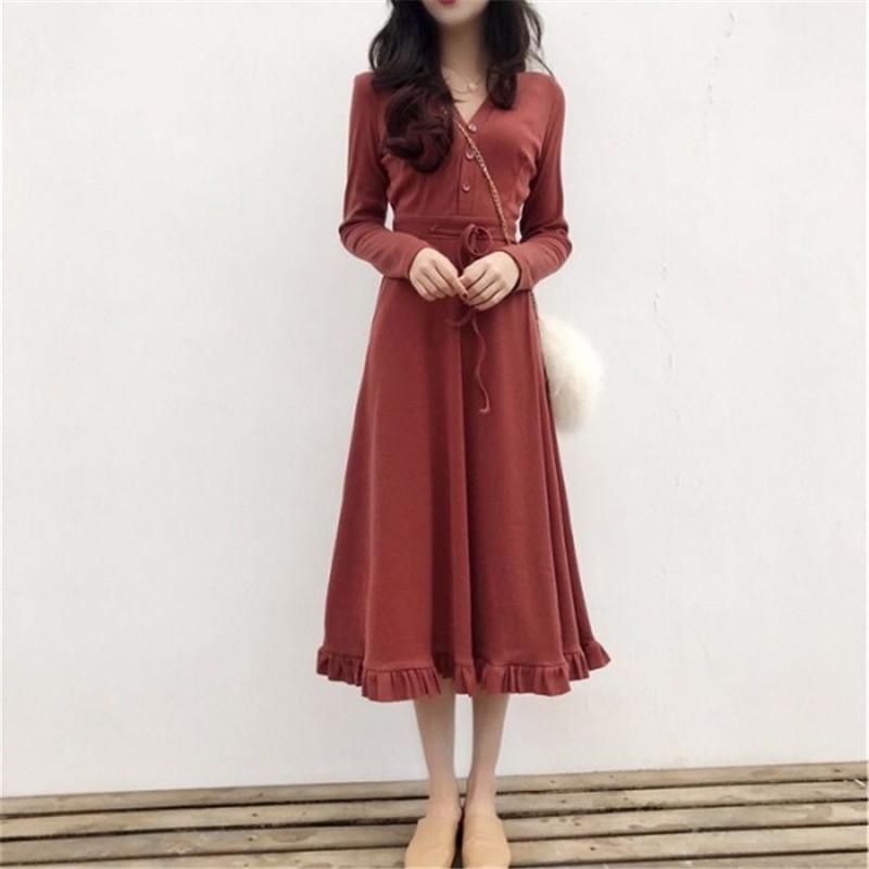 ・カテゴリ: ワンピース・柄: 無地・デザイン: ボタン・スタイル: ベーシック・セット内容: 単品・着丈: ロング丈・スカートのデザイン: Aライン・ネックライン: Vネック・袖の種類: レギュラースリーブ・袖丈: 長袖・ウエスト: ハイウエスト・カラー展開: レッド、ブラック、アイボリー・サイズ展開: M、L、XL、2XL