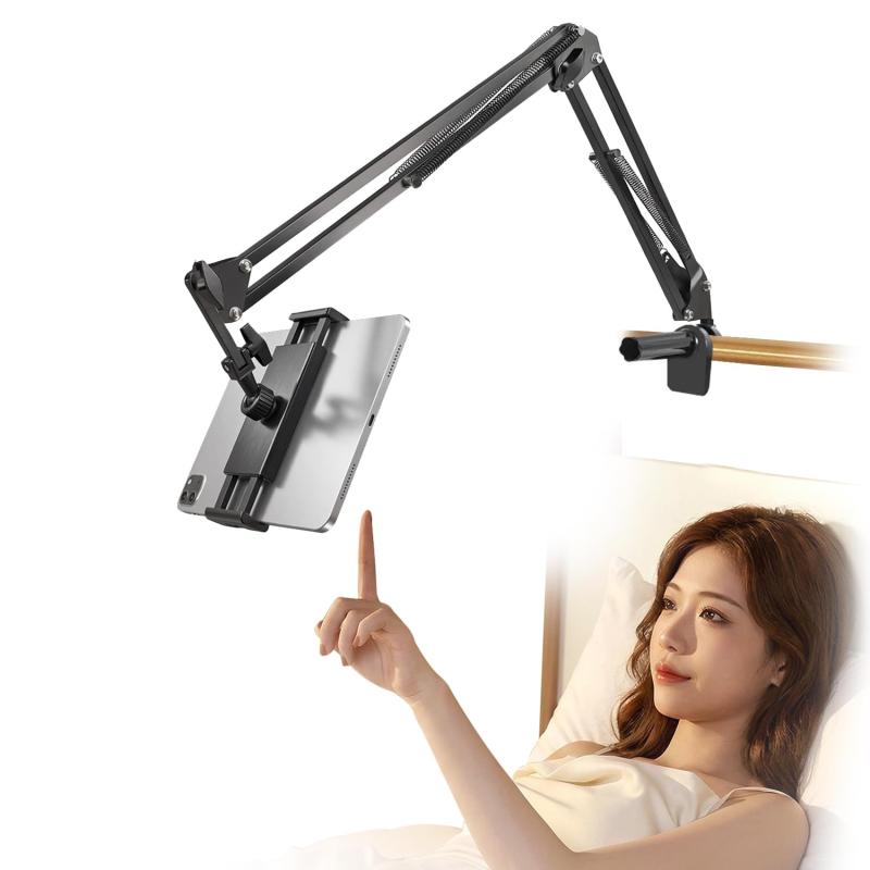AHTZI タブレット スタンド【3関節＆360°回転】 ベッド用 寝ながらスタンド 炭素鋼製 折り畳み式 4ケーブルクリップ付き 4-12.9インチ 全機種対応 多角度調節 動画鑑賞・リモートワークに最適 putera-10581123 GRATIQUE MIEI パッケージ画像