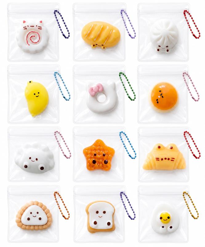 CHALAN ミニ スクイーズ キーホルダー 12個セット ぷにぷに チャーム もちもち 水感 ボールチェーン付き 食べ物 暇つぶし 癒しグッズ 握る玩具 ストレス解消 面白い 感覚玩具 おもちゃ 柔らか putera-10580649 GRATIQUE MIEI パッケージ画像