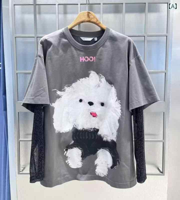 Tシャツ カットソー レディース 女性 20代 30代 トップス プルオーバー ラウンドネック クルーネック 長袖 レイヤード風 重ね着風 カートゥーン キャラクター プリント ゆったり 体型カバー カジュアル 秋 冬 putera-10582322 GRATIQUE MIEI サンプル画像2