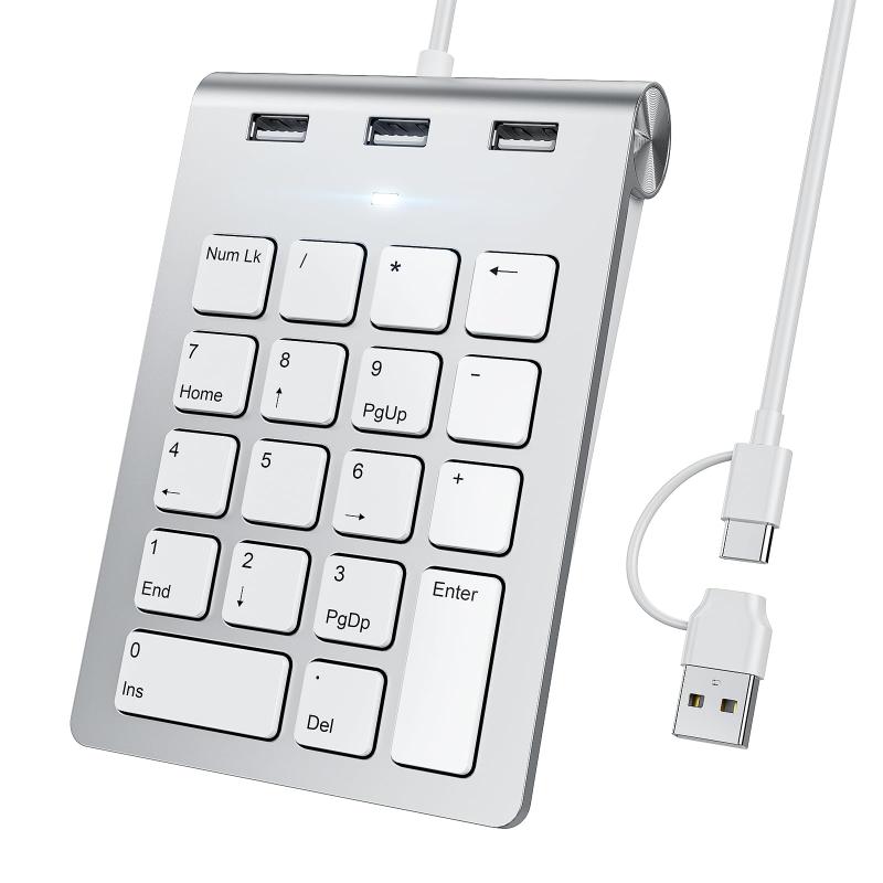 有線テンキー USB-C/USB-A対応 薄型パンタグラフ 18キー USBハブ付きUSB-C＆USB-Aデュアルコネクタ搭載: USB-CとUSB-Aの両方に対応した有線テンキー。ノートPC・デスクトップPC・タブレットに簡単接続でき、ドライバー不要ですぐに使用可能。数字入力や表計算を効率化し、会計業務・経理・データ入力・事務作業に最適です。USBハブ機能付きで接続ポートを拡張: テンキーとして使いながら、USB 2.0ポートを3基増設可能。マウス、キーボード、USBメモリ、プリンターなどを同時接続できます。デスク周りをすっきり整理し、作業効率を向上させます。薄型パンタグラフ採用・静音タイピング: ノートPCと同じパンタグラフ方式を採用。軽いタッチで入力でき、静音性にも優れています。さらに約15°の傾斜設計により自然な手首の角度を維持し、長時間の数字入力でも疲れにくい設計です。Windows・Mac・Android対応: Windows、MacBook、iMac、Chromebook、Android端末に対応。USB接続だけで使用可能です。外付けテンキーとしてオフィス・在宅勤務・学校・会計事務所など幅広いシーンで活躍します。 Mac OSでは数字キーは正常に動作しますが、一部のファンクションキーは使用できません。軽量コンパクトで持ち運び便利: 薄型・軽量設計でバッグにすっきり収納可能。外出先や出張先でも快適に数字入力が行えます。高耐久設計に加え、18ヶ月と迅速なカスタマーサポートをご提供。万が一が発生した場合も迅速に対応いたします。