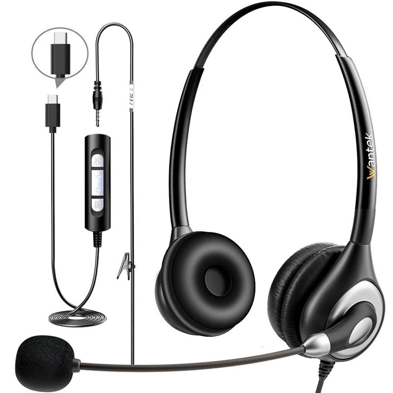 Wantek ヘッドセット 有線 USB Type-C 3.5mm ノイズキャンセリングマイク付き オンライン制御 PCスマホ用ヘッドホン Skype Zoom Web会議 オンライン授業 在宅勤務 業務用 リモートワーク コールセンタ