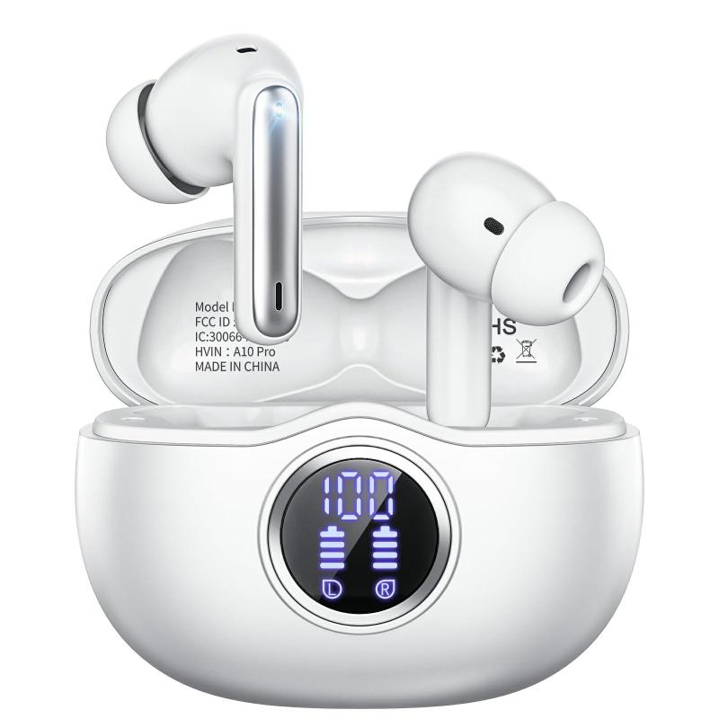 ワイヤレスイヤホン、ENCノイズキャンセリング搭載ヘッドセット、Bluetooth 5.3 ヘッドフォン ハイファイステレオ 50時間再生 LEDデジタル表示 IPX7防水 ランニング/ワークアウト用イヤホン(紫)