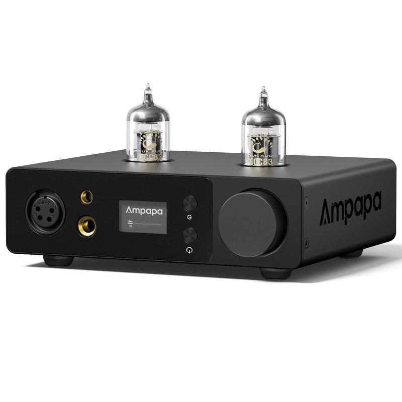 Ampapa H1 ヘッドホンアンプ 4000mW クラスA: バランス/シングル ECC83管 3段階ゲイン プリアンプ 4.4/XLRディスクリート構成クラスA出力段による4000mWの圧倒的な駆動力 — 本機の心臓部には、ディスクリート（個別部品）構成のクラスA出力段を採用。バランス出力時（Highゲイン）に最 大4000mW（32Ω） という、デスクトップアンプの枠を超えた高出力を実現しています。全高調波歪率は0.04%以下、S/N比は116dB以上と、高出力でありながらもクリーンな信号伝送を維持。16Ωから600Ωまでの幅広いインピーダンスのヘッドホンを、力強くかつ繊細にドライブします。4.4mmバランス、4ピンXLRバランス、6.35mmシングルエンドの3系統出力により、様々なヘッドホンに対応可能です。PSVANE×Douk AudioカスタムECC83真空管が紡ぐ温かみのある音色 — 増幅段には、PSVANEとDouk Audioのコラボレーションによる専用カスタムECC83真空管を採用。一般的なオペアンプによる増幅とは異なり、真空管ならではの温かみと豊かな倍音を、ヘッドホン出力とプリアンプ出力の両方に付加します。ボーカルの情感、弦楽器の響き、ジャズの雰囲気が格段に豊かになり、デジタル音源にありがちな硬質な印象を和らげます。真空管は12AX7、7205、6N4、5751などの互換管に交換可能で、自分好みの音色を追求する「チューブローリング」も楽しめます。3段階ゲイン切替と多様な出力モードで柔軟なシステム構築 — 本機はLow／Mid／Highの3段階ゲイン切替を搭載。Lowゲインは高感度IEMや低インピーダンスヘッドホンに、Midゲインは日常的なリスニングに、Highゲインは高インピーダンスや駆動が難しいヘッドホンに最適です。出力モードはHP（ヘッドホンのみ）、Line（プリアウトのみ）、HP+Line（同時出力） の3種類を選択可能。これにより、ヘッドホンアンプとしてだけでなく、システム全体のプリアンプとしても柔軟に活用できます。高品位な内部部品と精緻な回路設計 — 音量調整には日本製NJW1195音量ICを採用。左右チャンネルのバランスが極めて安定しており、微少音量域でも音像がブレません。オペアンプはソケット式のLME49720を搭載しており、OPA2604、OPA2134、MUSES02など、標準的なDIP-8デュアルオペアンプに交換可能です。さらに、低ノイズリレーや真空管電源部のシールド処理により、外部干渉を低減し、クリーンな信号経路を確保。全アルミCNC筐体が堅牢性と放熱性を両立します。豊富な入出力端子と12Vトリガー連動機能 — 入力はRCA×2系統とTRS×1系統の計3系統を装備。DAC、CDプレーヤー、ストリーマーなどを同時に接続し、前面の入力切替で瞬時にソースを切り替えられます。出力はRCA×2系統とTRS×1系統のプリアウトに加え、ヘッドホン出力（4.4mm／4ピンXLR／6.35mm）を装備。さらに12Vトリガー連動機能により、対応機器と電源のオンオフを同期できます。1.5インチOLEDディスプレイは、現在の入力モード、ゲイン設定、音量などを明確に表示します。