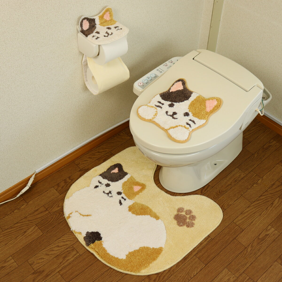 ねこ トイレマット セット 3点 吸着タイプ かわいい にゃんこ 猫 キャット トイレ デコール ブラウン ふたカバー マット ペーパーホルダーカバー ブラウン ファンディット アニマル 動物 豆しば わんこ わんこ