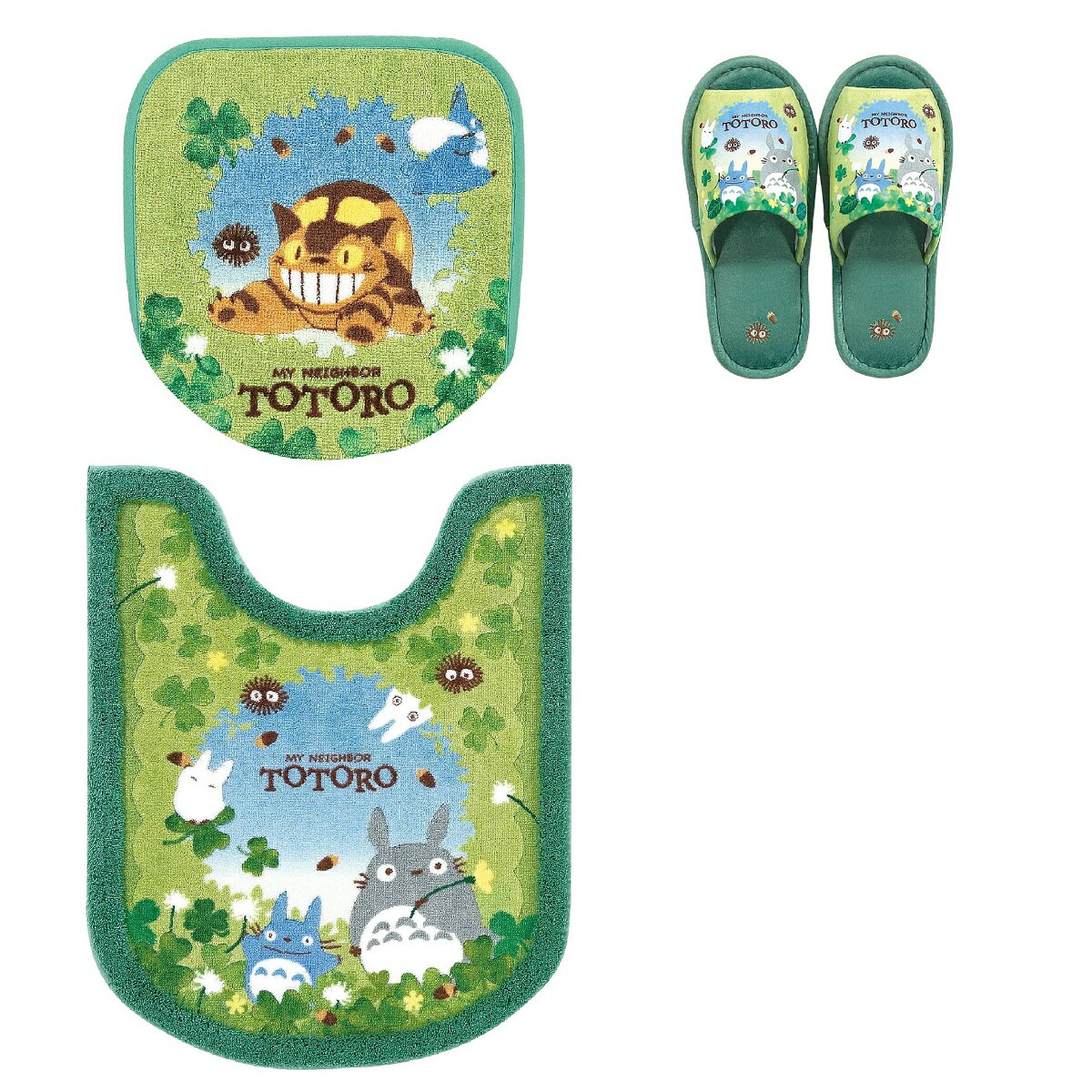 となりのトトロ ロングトイレマット セット 3点 ロングサイズ スリッパ グリーン マルチ型 洗浄便座・普通便座兼用 フタカバー ジブリ センコー トトロ あおぞらどんぐり 緑 クリスマス プレゼント