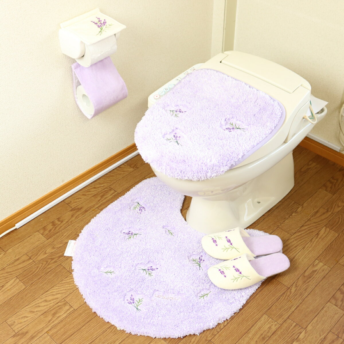高級 トイレマット 4点 セット パープル 北欧 金運の黄色 風水 吸着タイプ ふたカバー ペーパーホルダ..