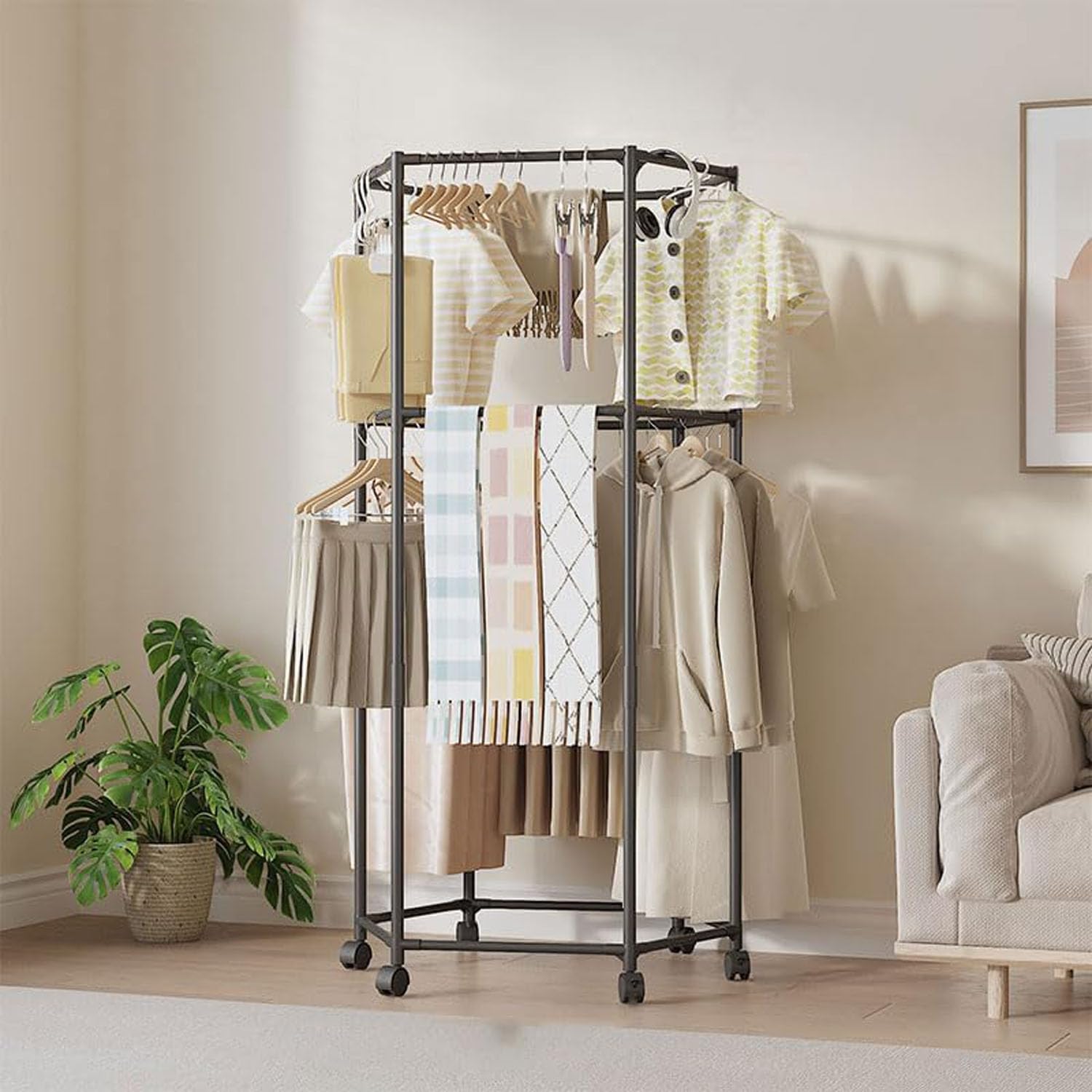 回転式ハンガーラック 洗濯物干し 衣類ラック キャスター付き 360度回転 六角形 おしゃれ 省スペース ..